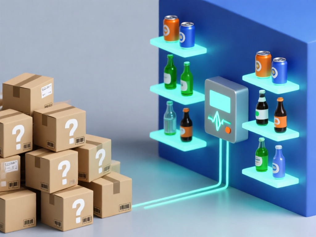 A conceptual diagram contrasting a disorganized, manual warehouse on the left with a perfectly organized, digitally-managed beverage warehouse on the right. A central control panel connects to the organized side, symbolizing a specialized management system.