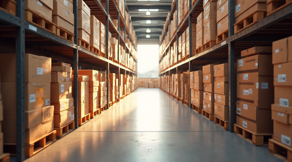 7 Functions of a Warehouse: Organised storage with warm-toned ERP visibility.