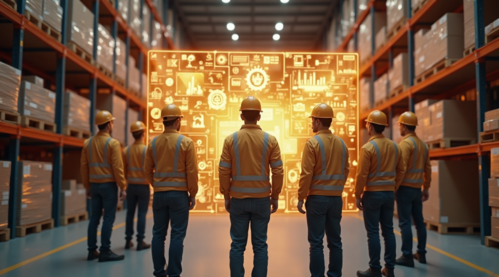 A unified warehouse ecosystem illuminated by warm ERP intelligence.