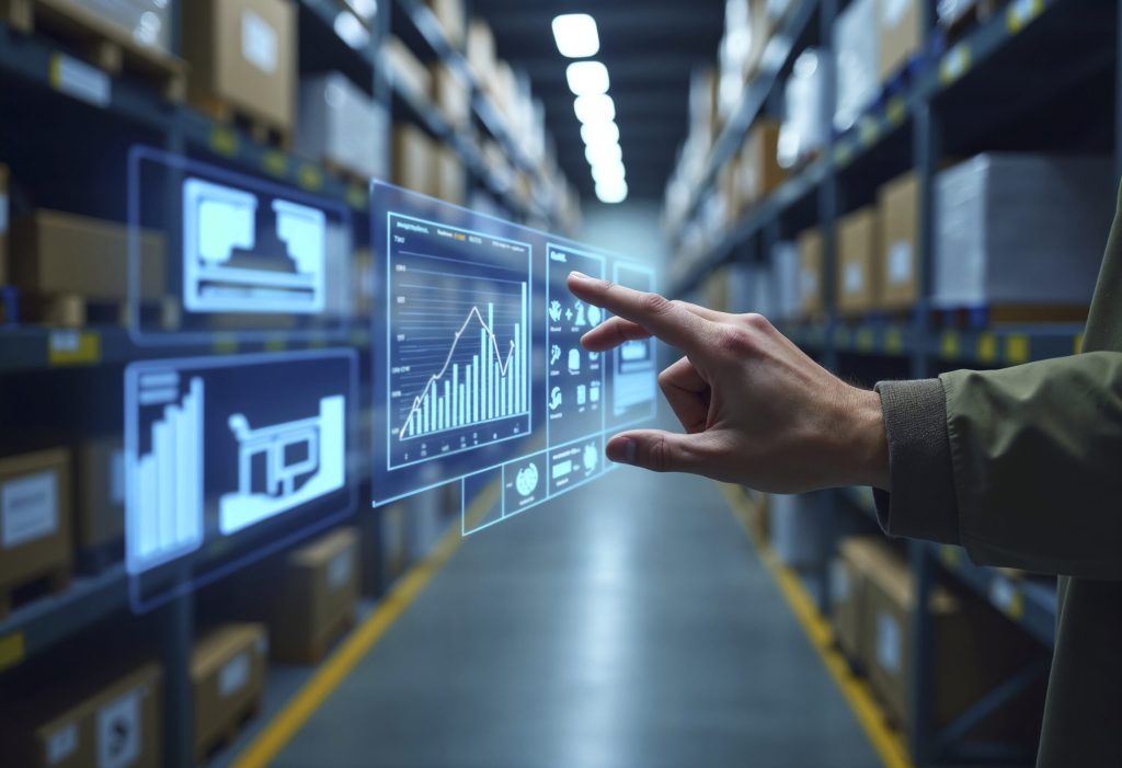 This image shows a Philippines Top 5 Features of a Modern WMS environment where a person is interacting with a digital, holographic dashboard displaying live data. It perfectly represents the concept of Real-Time Inventory Tracking in a WMS.