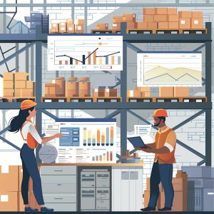 an inventory Warehouse Management Software background with a graph and worker