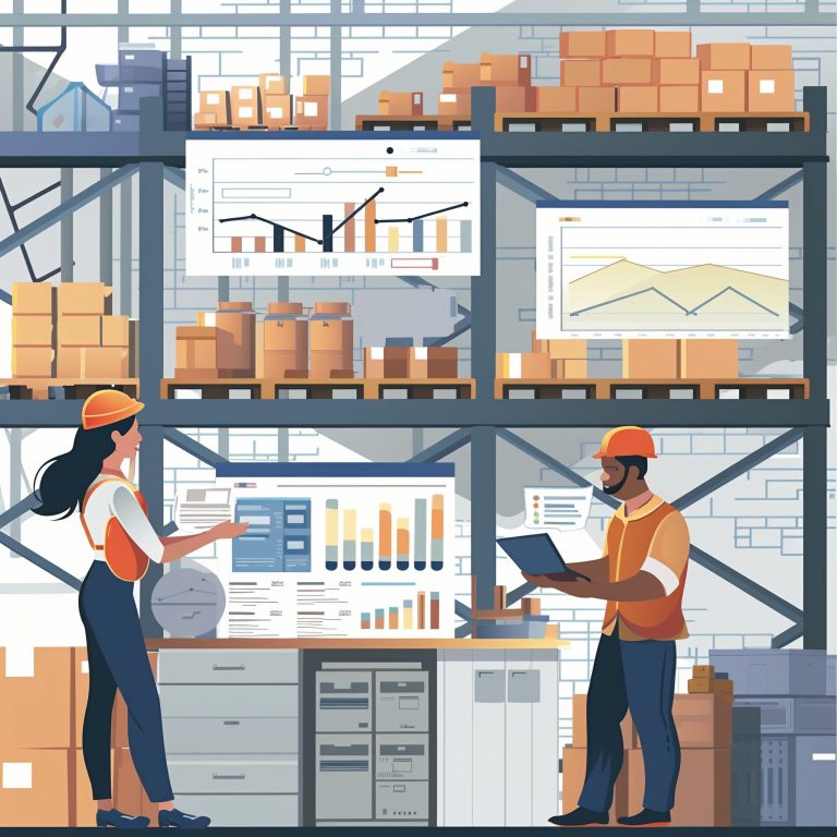 an inventory Warehouse Management Software background with a graph and worker