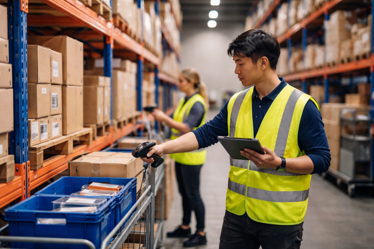 Warehouse staff scanning boxes in storage aisle.