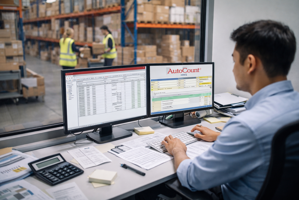 Accountant working while warehouse operates behind glass.