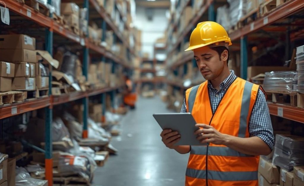 misplaced items and a worker looking at a tablet with a concerned expression.