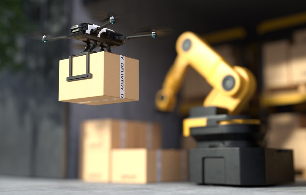 Drone delivering goods in the city, Autonomous delivery robot, Business air transportation concept. 3D illustration