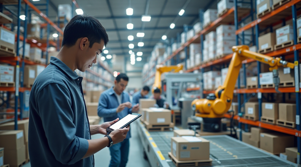 Warehouse Staff is holding tablet and search item