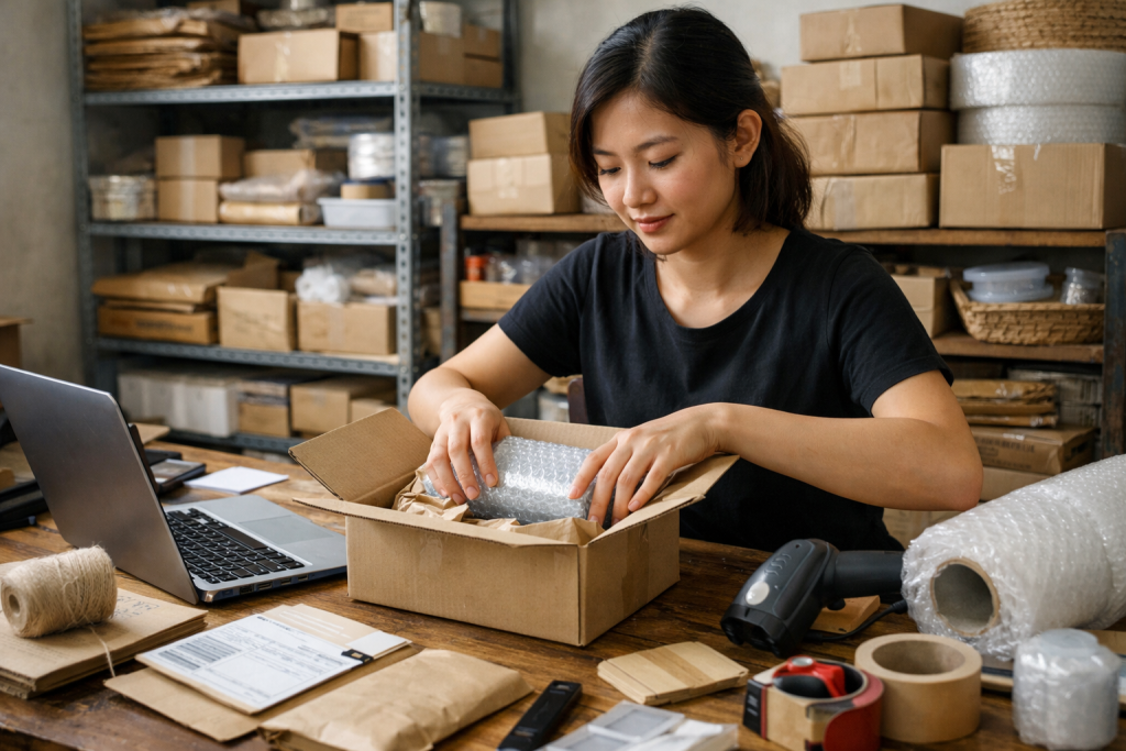Philippines ecommerce worker preparing parcels at a warehouse packing station