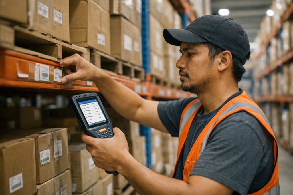 Warehouse worker scanning product inventory during order picking in a Philippines warehouse