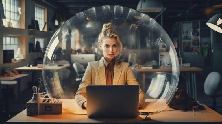 woman inside bubble at her office in front of the computer --ar 16:9 --v 5.2 Job ID: 08e516bc-7e8f-4375-a9c5-d1c04bf9de2a