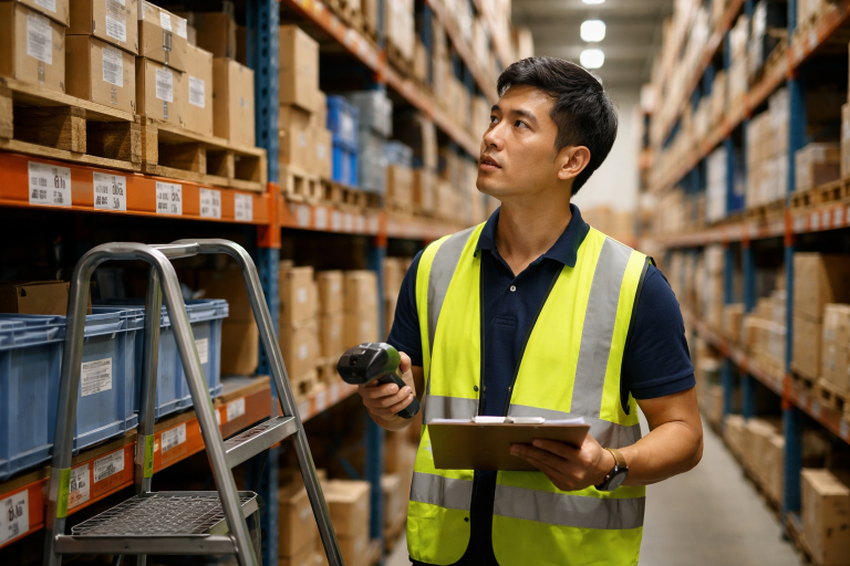 Warehouse supervisor checking inventory using a warehouse management system in a Philippines fulfillment warehouse
